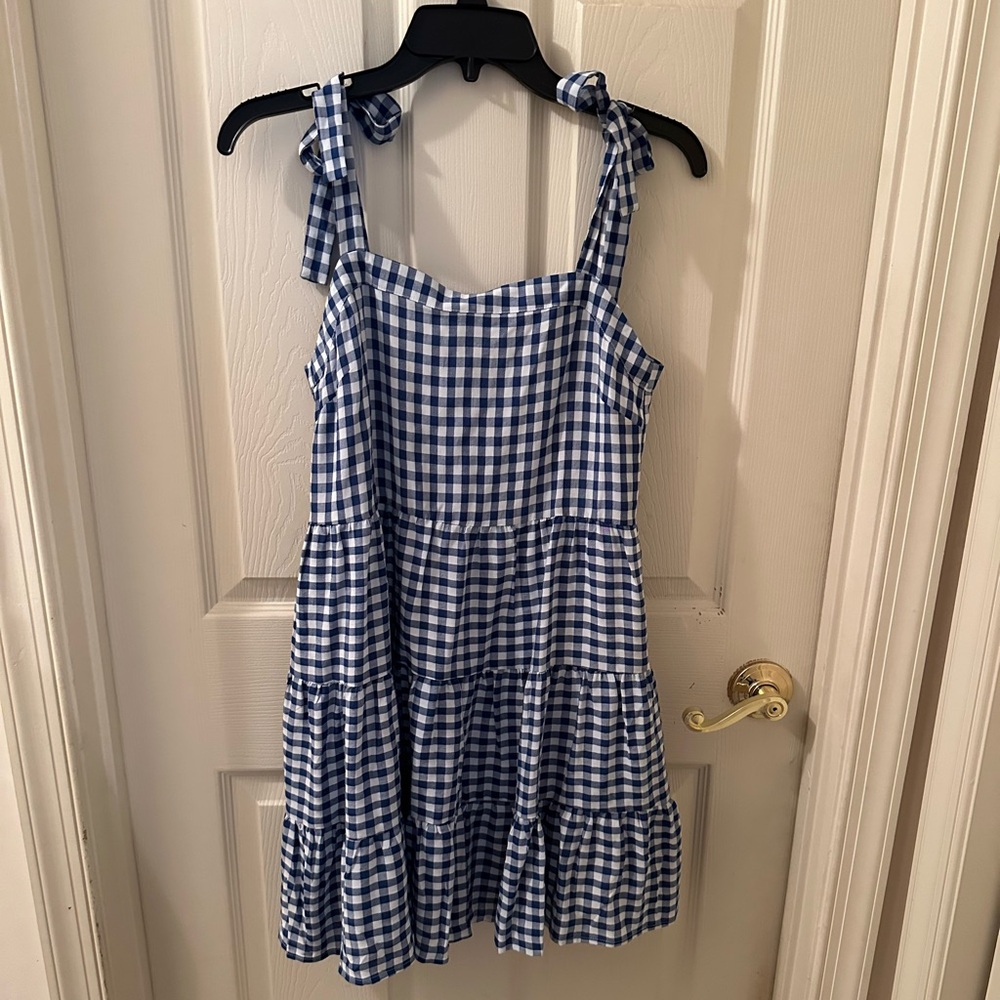 NWOT Pink Lily Navy Tie Sleeve Gingham Mini Dress. Size Small